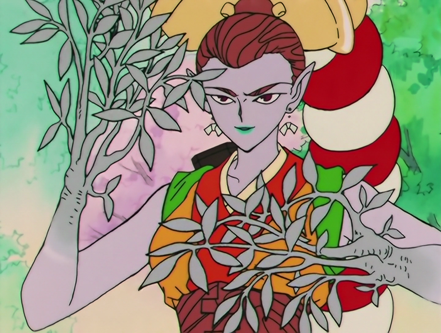 Mikuji, a Daimon from Sailor Moon episode 90. She has gray skin and brown hair, styled to resemble large shrine bells. Her hands have been replaced with tree branches. Her outfit is red, orange and green, and her belt seems to have been carved from wood.